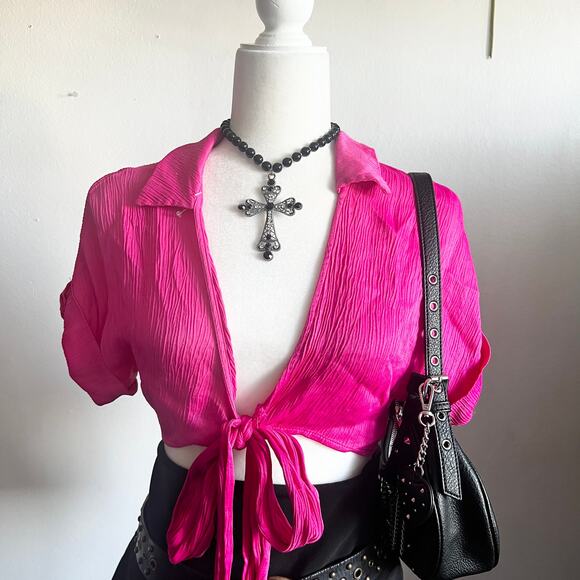 Pink Tie Front Crop Top, Baddie, Coquette, Romantic, Festival, Small, Girly - Picture 2 of 4